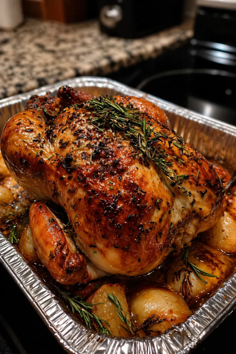 whole roasted chicken with crispy golden skin, seasoned with herbs and garlic, served with roasted potatoes in a pan