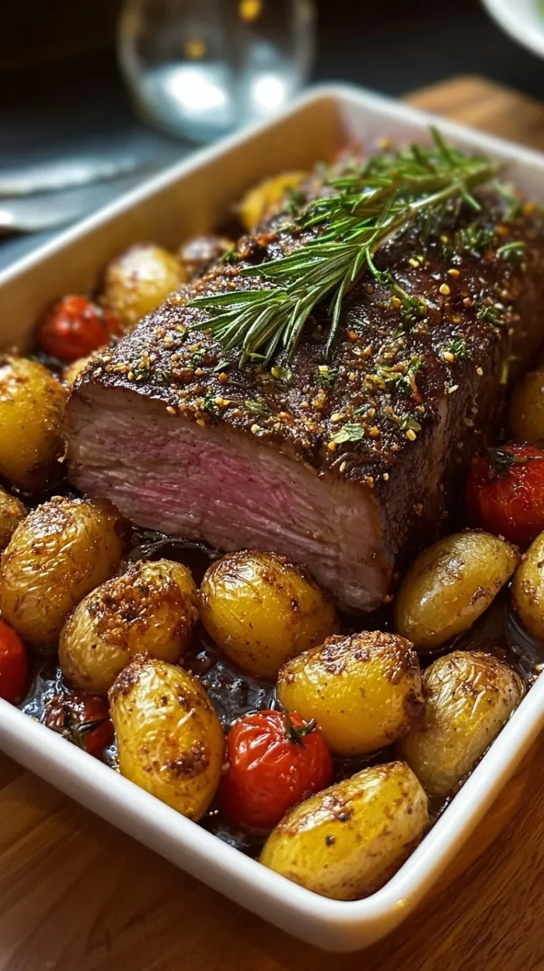 A juicy herb-crusted beef roast sliced on a platter with roasted baby potatoes and fresh herbs.