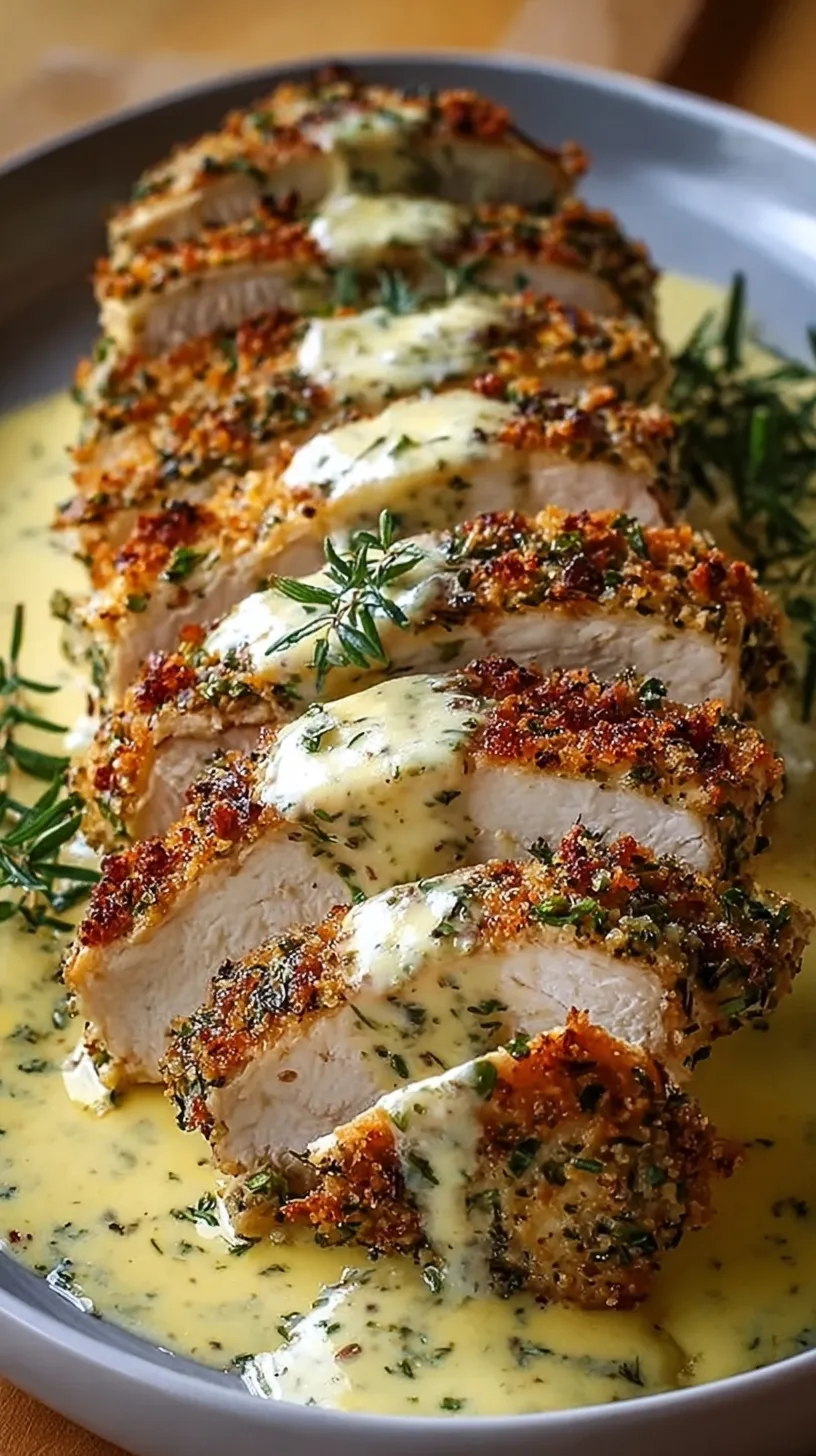 Golden brown herb-crusted chicken breast topped with a silky cream sauce on a white plate.
