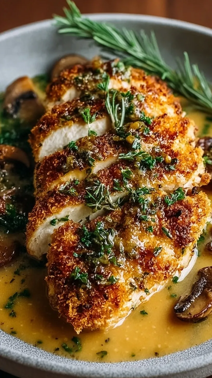 Golden brown herb-crusted chicken breast topped with creamy garlic butter gravy in a skillet.