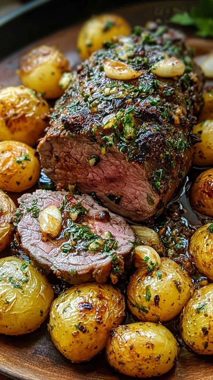 A roasted leg of lamb seasoned with herbs and garlic surrounded by golden crispy potatoes in a roasting pan.