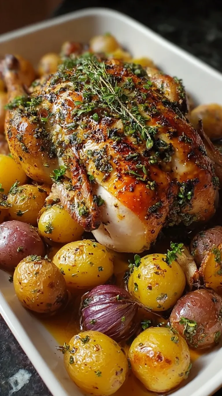 Whole roasted chicken with herbs and golden baby potatoes in a roasting pan