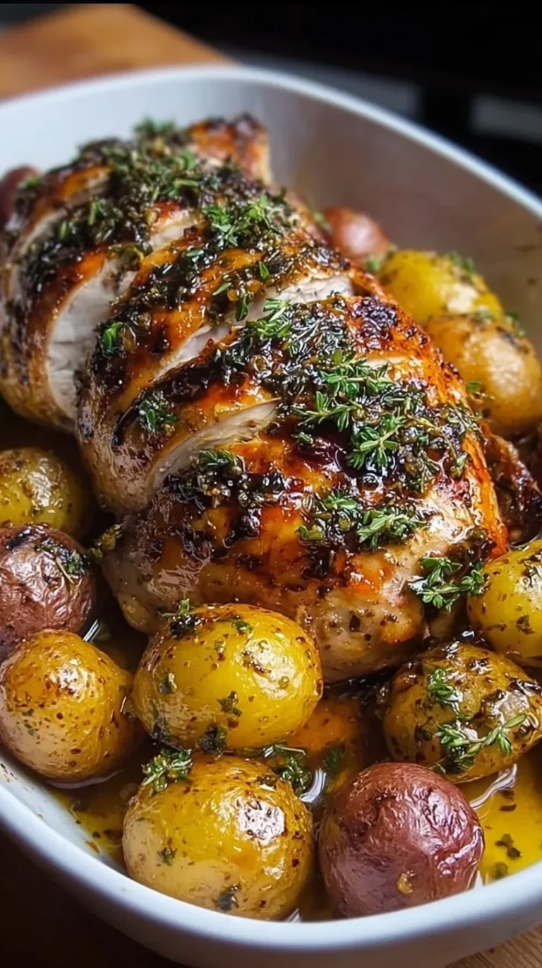 Whole roasted chicken with golden skin and baby potatoes in a roasting pan