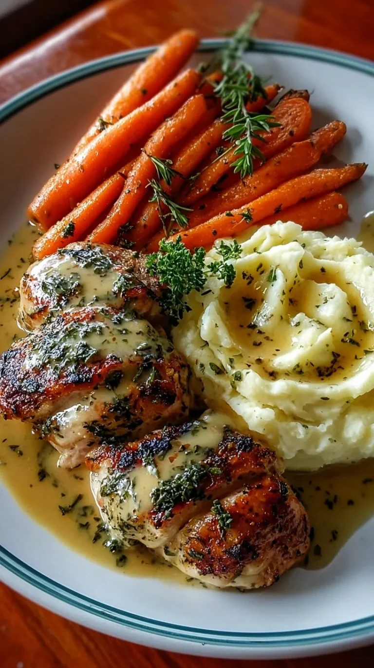 Pan-seared chicken breasts topped with herb gravy next to mashed potatoes and glazed carrots