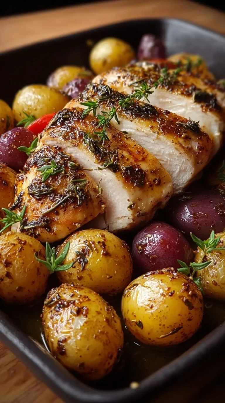 Golden brown herb-roasted chicken breast served with crispy halved baby potatoes in a cast iron skillet.