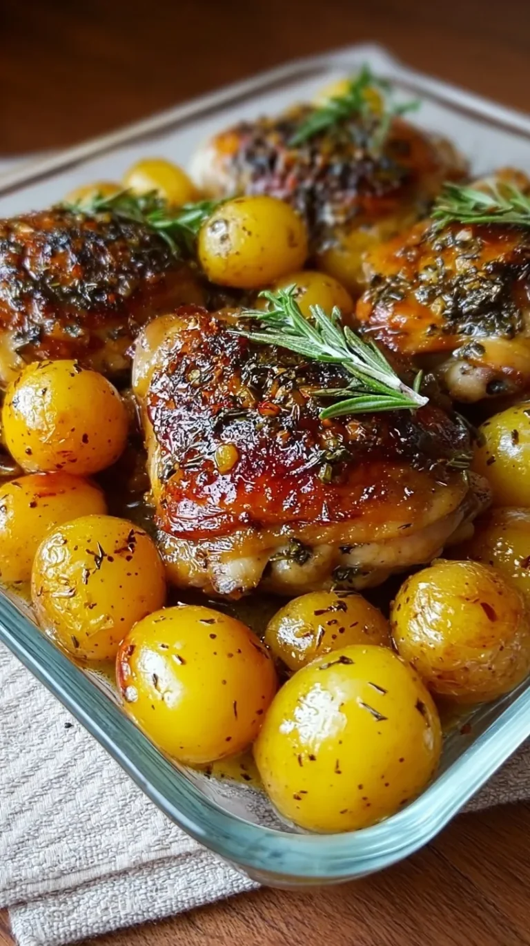 Sheet pan with golden brown herb-roasted chicken thighs and crispy halved baby potatoes.