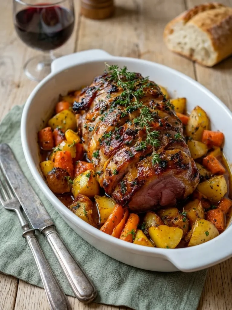 Herb roasted pork loin with potatoes and carrots in a roasting dish