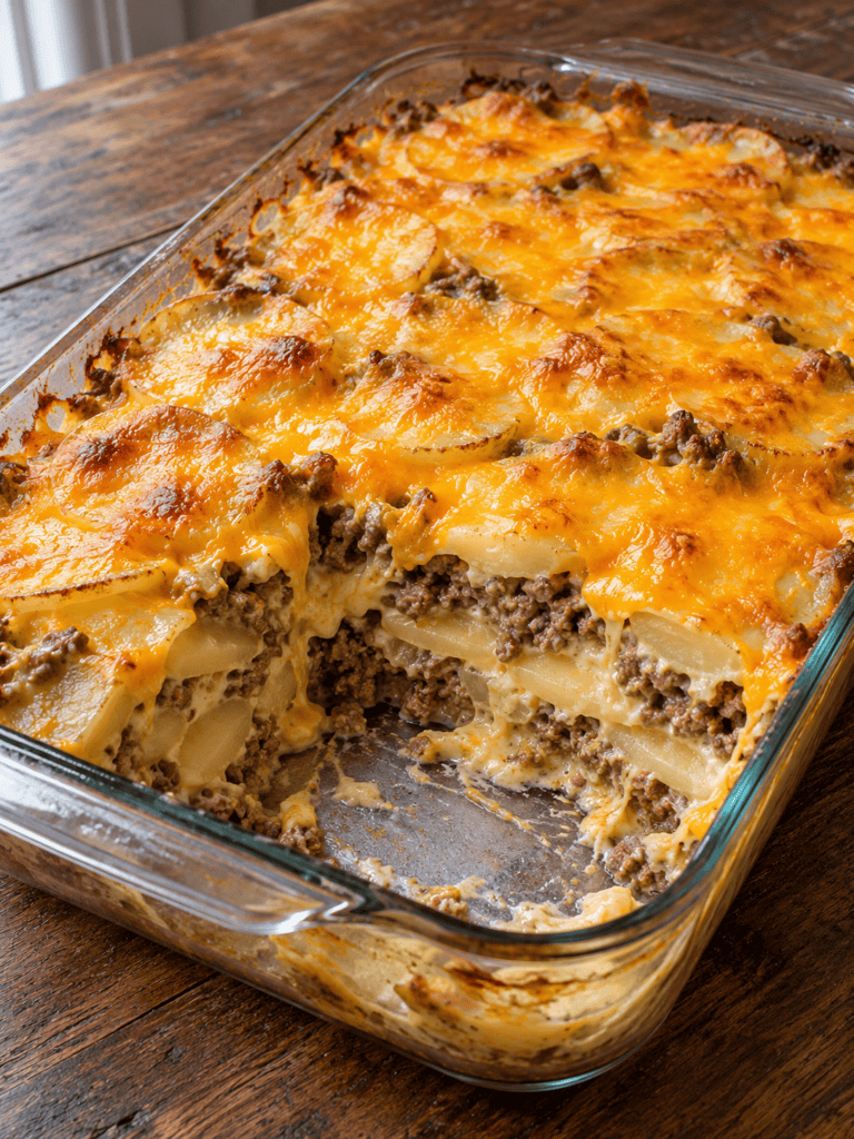 Golden hamburger and potato casserole baked with creamy cheddar soup in a glass dish
