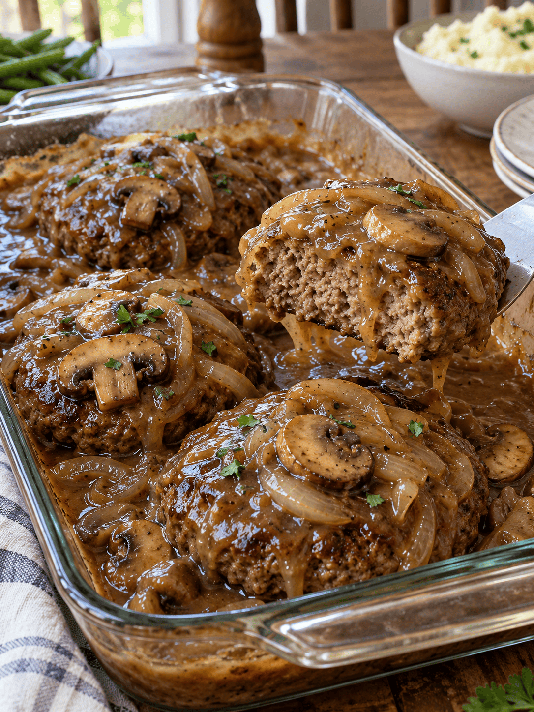 Oven-baked hamburger steaks with onion mushroom gravy in a glass baking dish