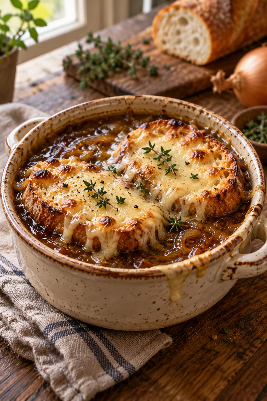 Homemade French onion soup topped with toasted baguette and melted Gruyère