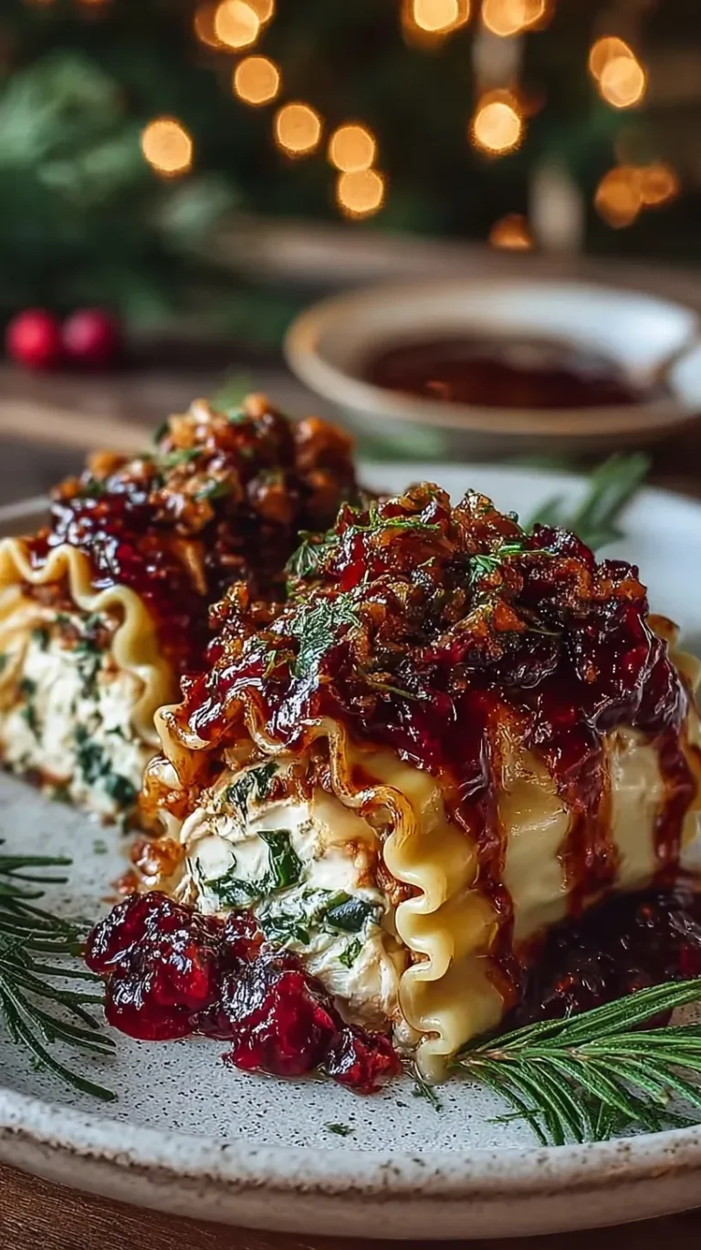 A plate of lasagna roll-ups topped with melted cheese and a vibrant red cranberry balsamic glaze.