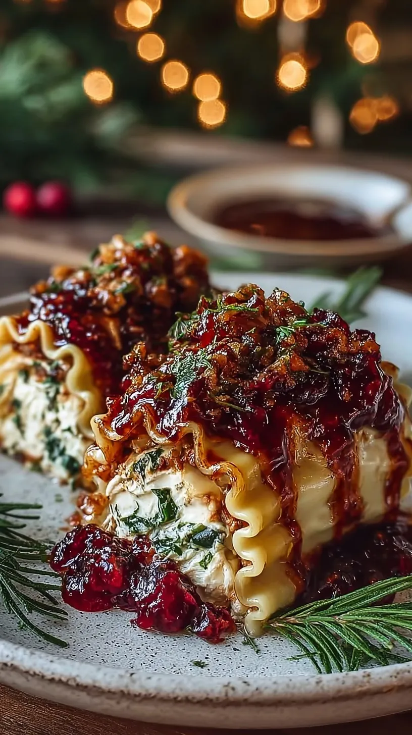 A plate of lasagna roll-ups topped with melted cheese and a vibrant red cranberry balsamic glaze.
