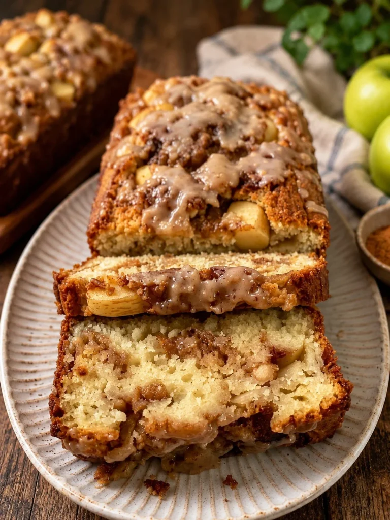 Loaf of freshly baked homemade apple cinnamon bread sliced on a wooden table