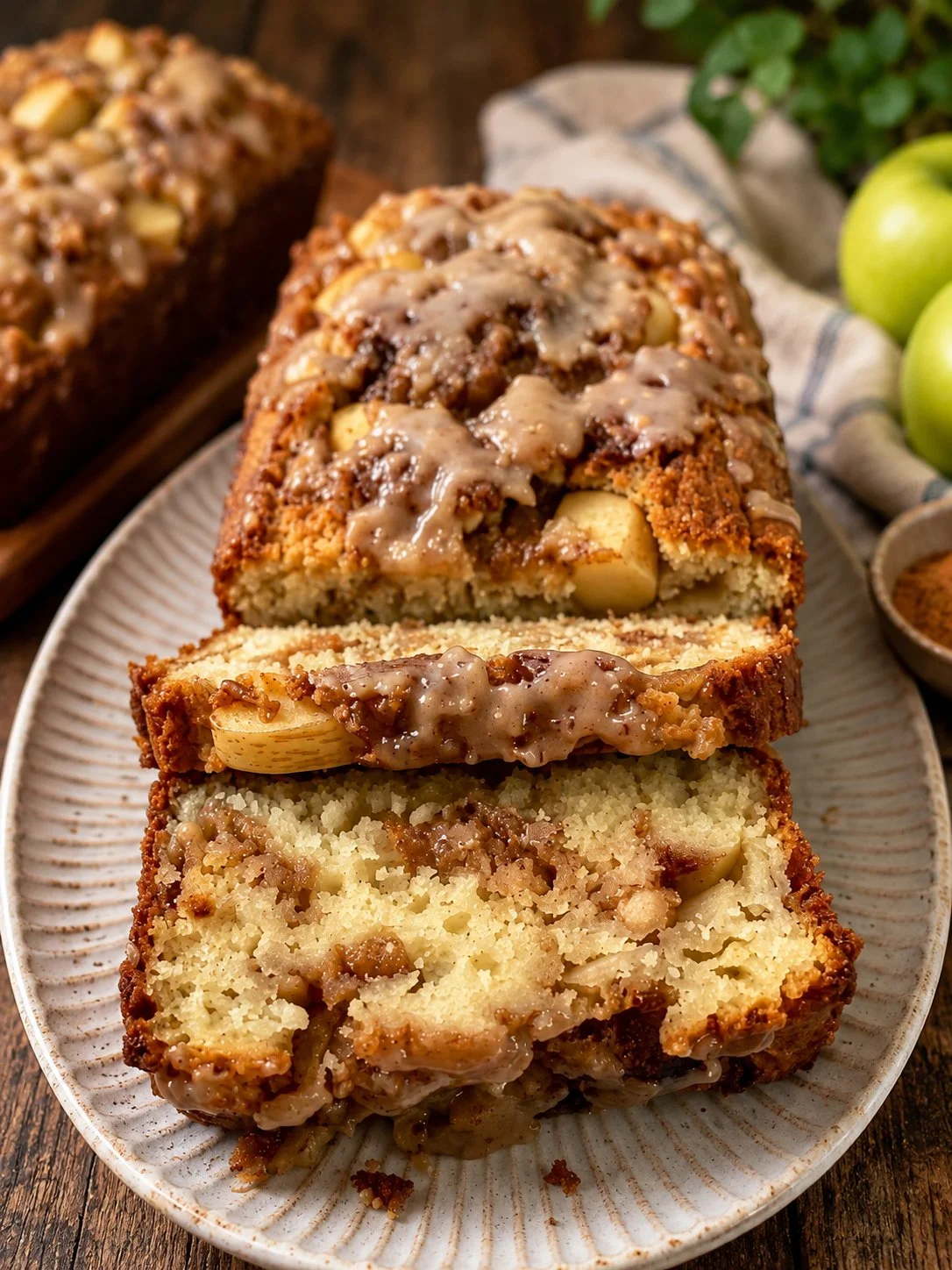 Loaf of freshly baked homemade apple cinnamon bread sliced on a wooden table