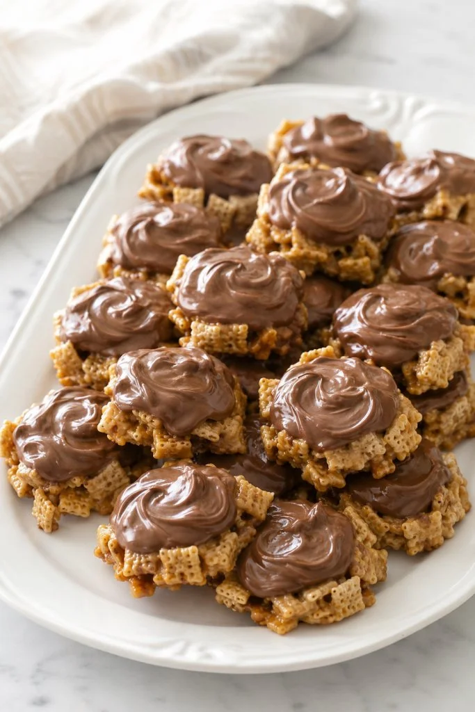 Homemade Chex Scotcheroos with chocolate and peanut butter