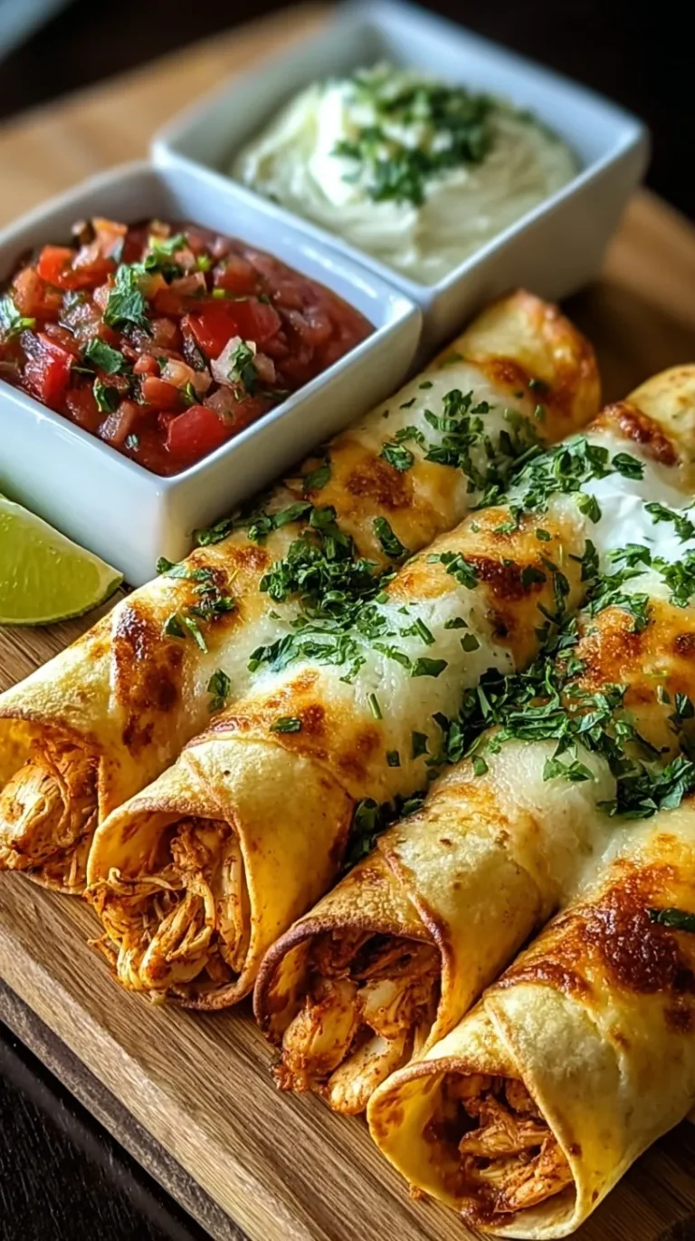 A platter of crispy golden brown chicken taquitos with salsa and cream cheese dipping sauce.
