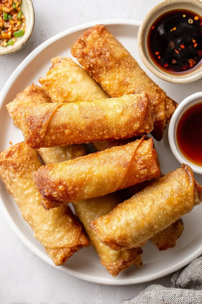 Plate of homemade Chinese egg rolls with colorful dipping sauce