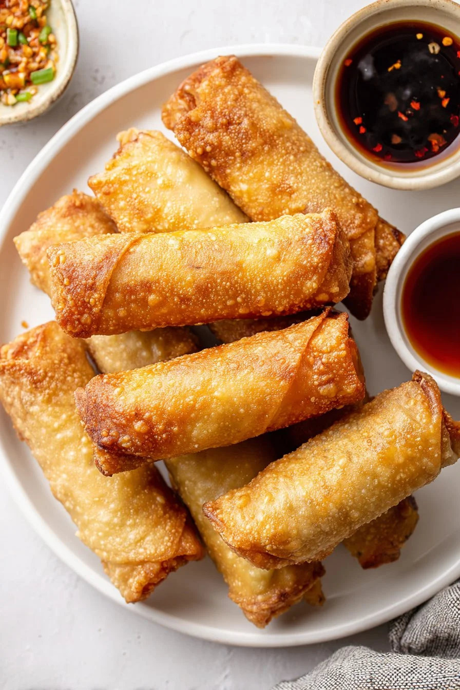 Plate of homemade Chinese egg rolls with colorful dipping sauce