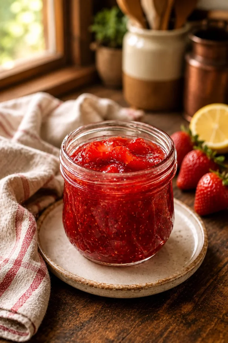 Jar of homemade strawberry jam with fresh strawberries and a spoon