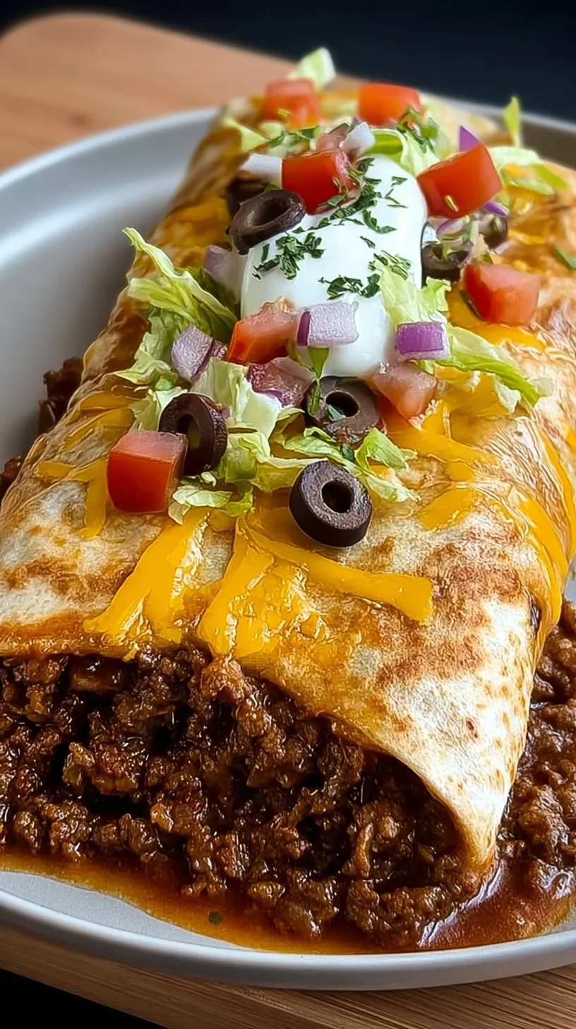 Homemade Enchirito topped with red sauce, melted cheese, and black olives