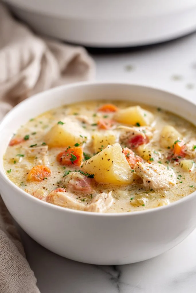 Bowl of homestyle chicken potato soup with fresh ingredients