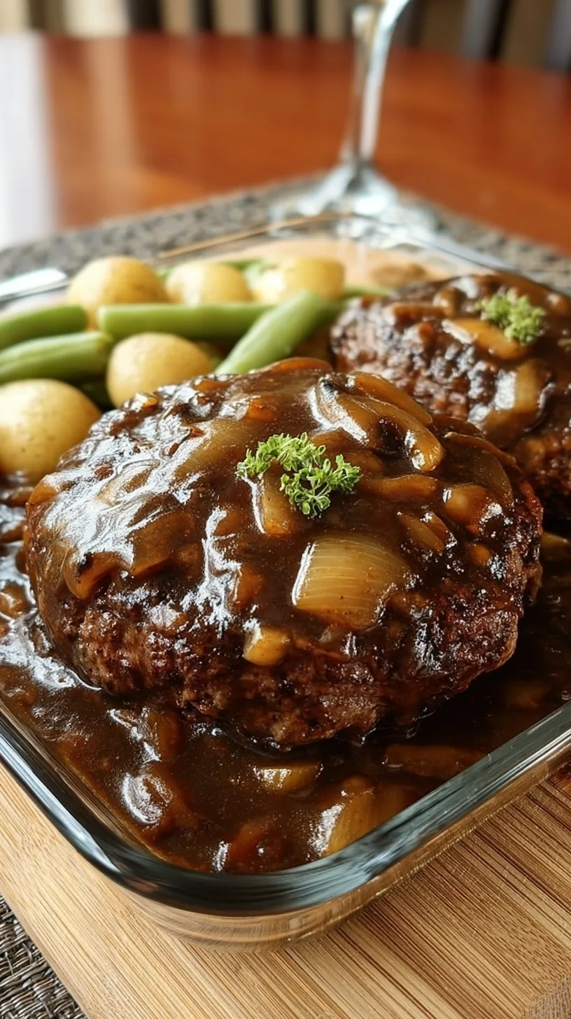Juicy Salisbury steak patties smothered in thick brown onion gravy in a black skillet.