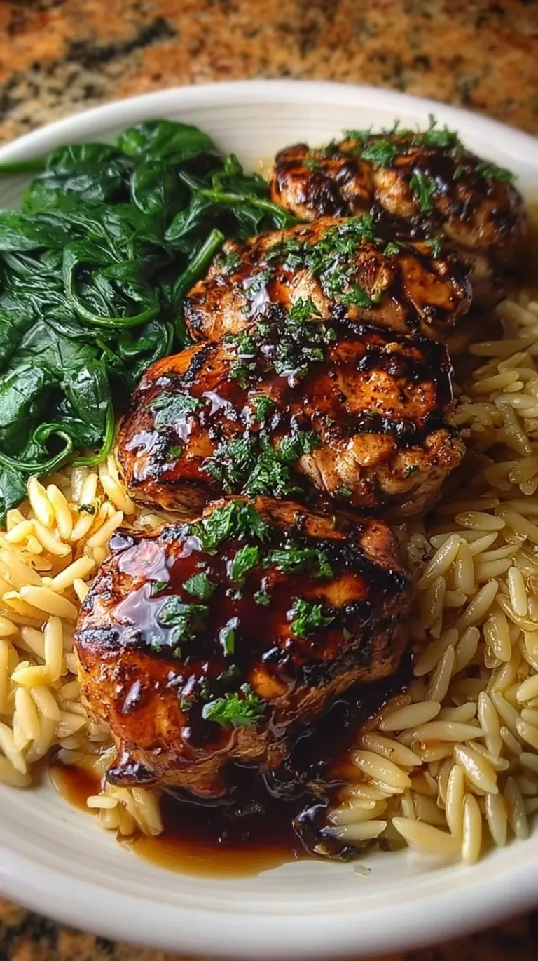 Pan-seared honey balsamic glazed chicken served over orzo with a side of sautéed garlic spinach on a white plate.