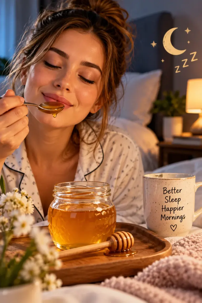 Woman taking a teaspoon of honey before bed beside a honey jar and mug in a cozy bedroom, representing honey before bed for sleep.