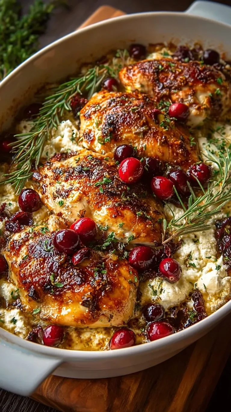 Baked chicken breasts topped with white ricotta cheese and red cranberries in a skillet.