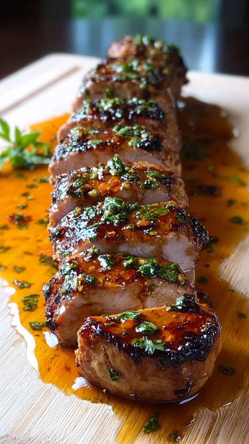 Sliced honey garlic glazed pork tenderloin on a wooden board with sauce