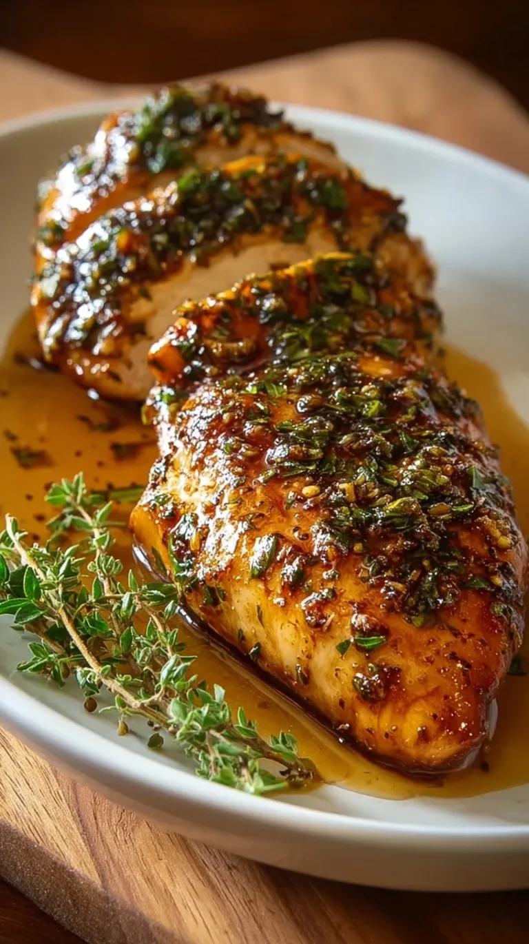 Pan-seared chicken breasts coated in a glossy honey garlic herb glaze in a skillet.