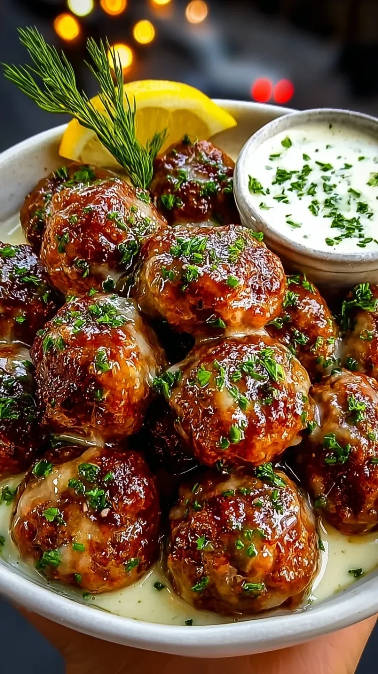 Glazed honey garlic meatballs on a platter with a side of citrus ranch dressing