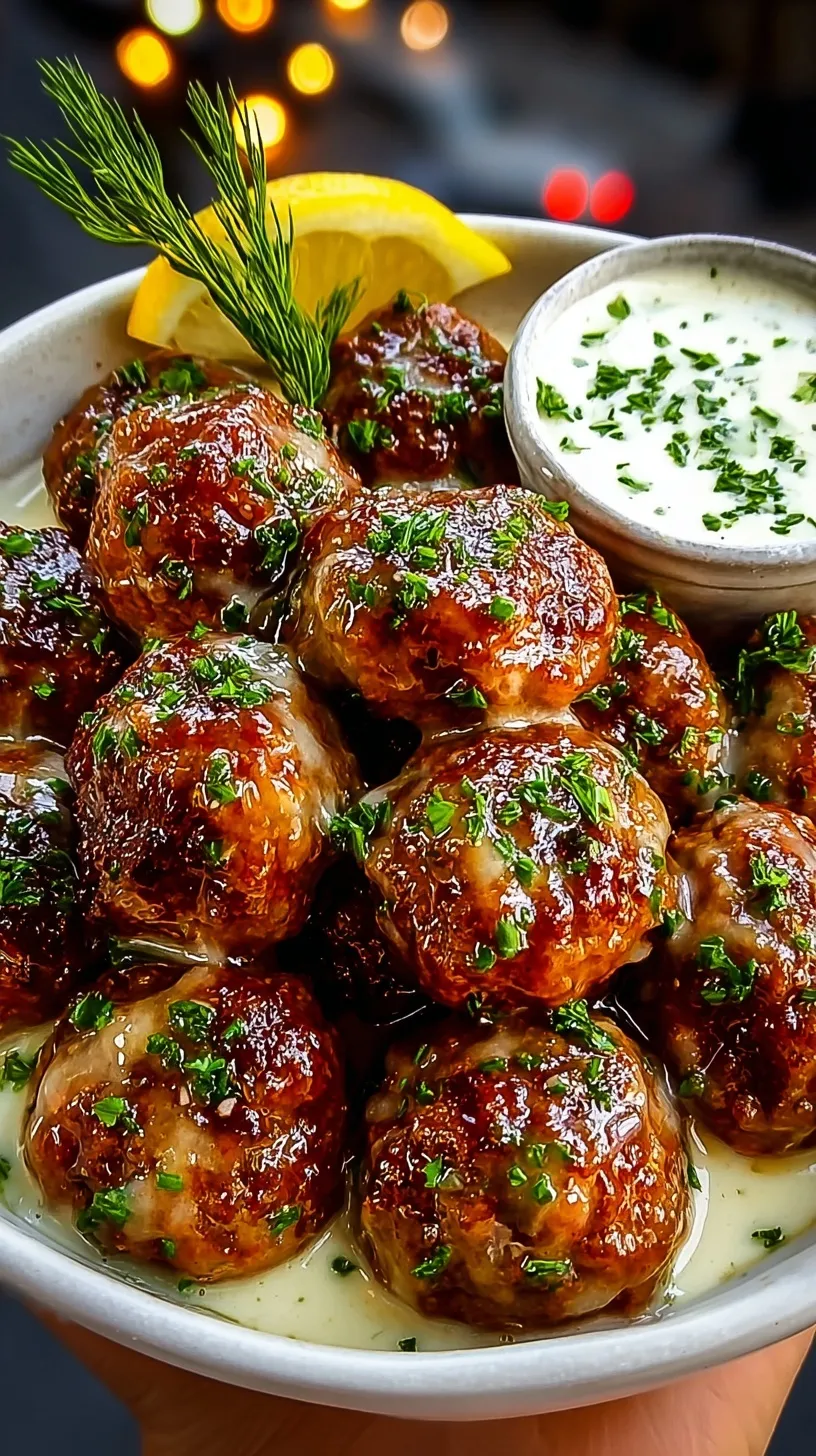 Glazed honey garlic meatballs on a platter with a side of citrus ranch dressing