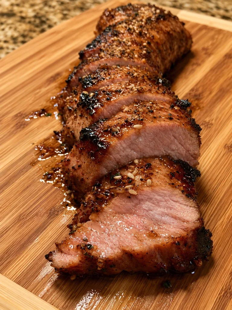 Honey garlic pork tenderloin dish garnished with fresh herbs.