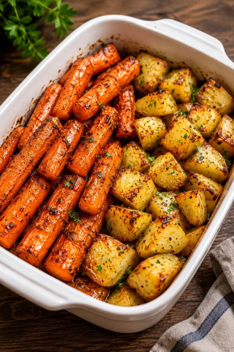 Honey garlic roasted carrots and potatoes served in a dish