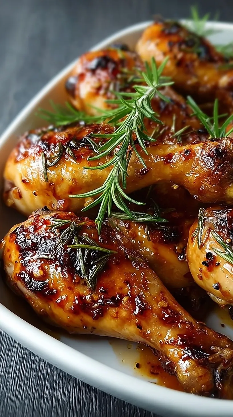 Oven-baked honey garlic rosemary chicken drumsticks with a dark golden brown glaze in a baking dish.