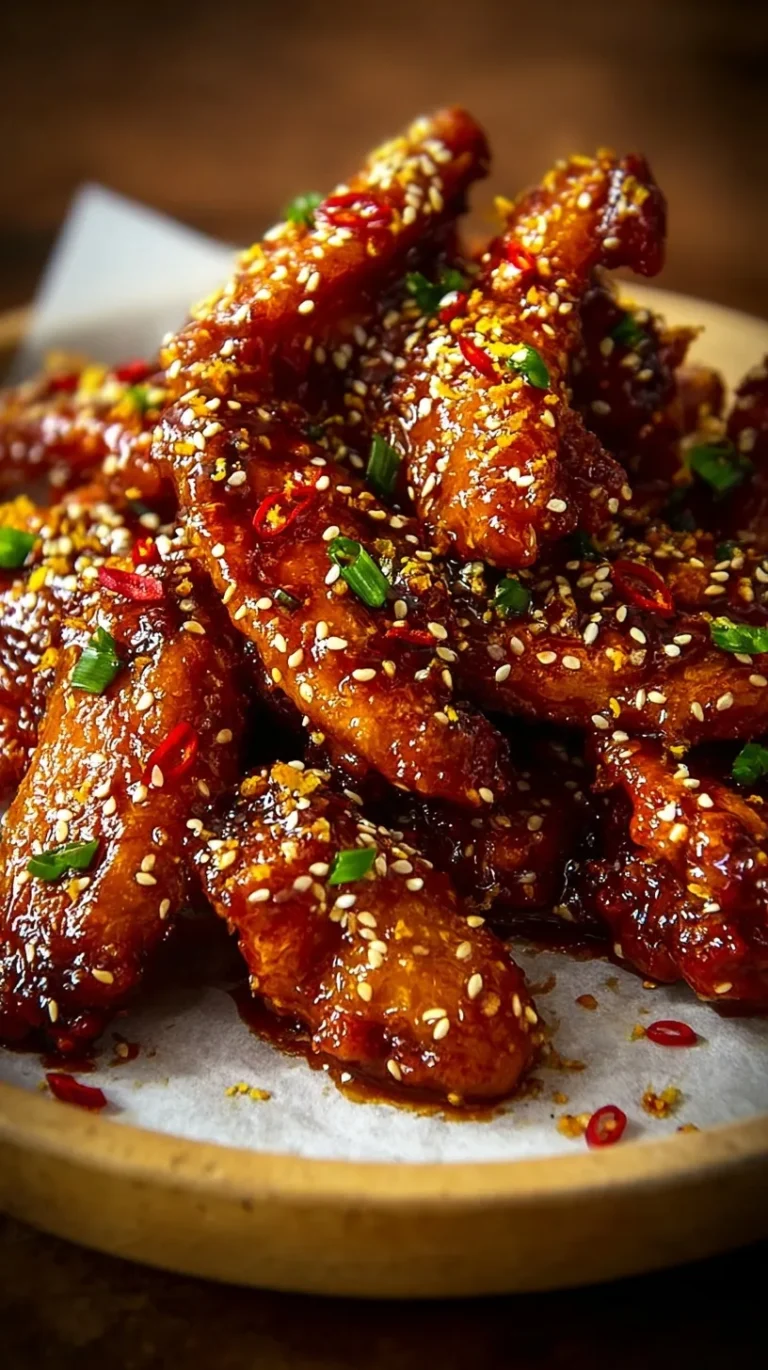 A platter of crispy honey lemon sesame chicken wings garnished with green onions and sesame seeds.