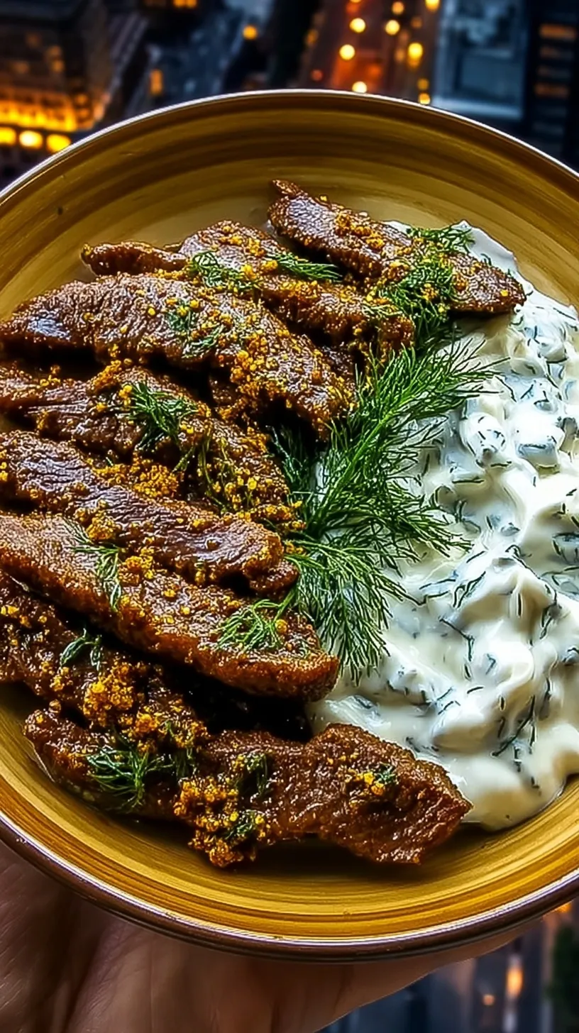 Sizzling honey mustard beef strips on a platter with a side of creamy dill sauce