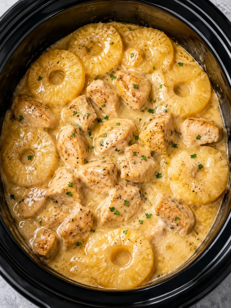 Creamy Honey Mustard Pineapple Chicken served in a slow cooker with pineapple rings and a rich honey mustard cream sauce.