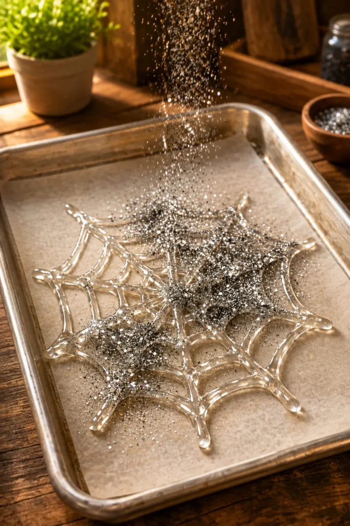hot glue spiderweb on parchment paper