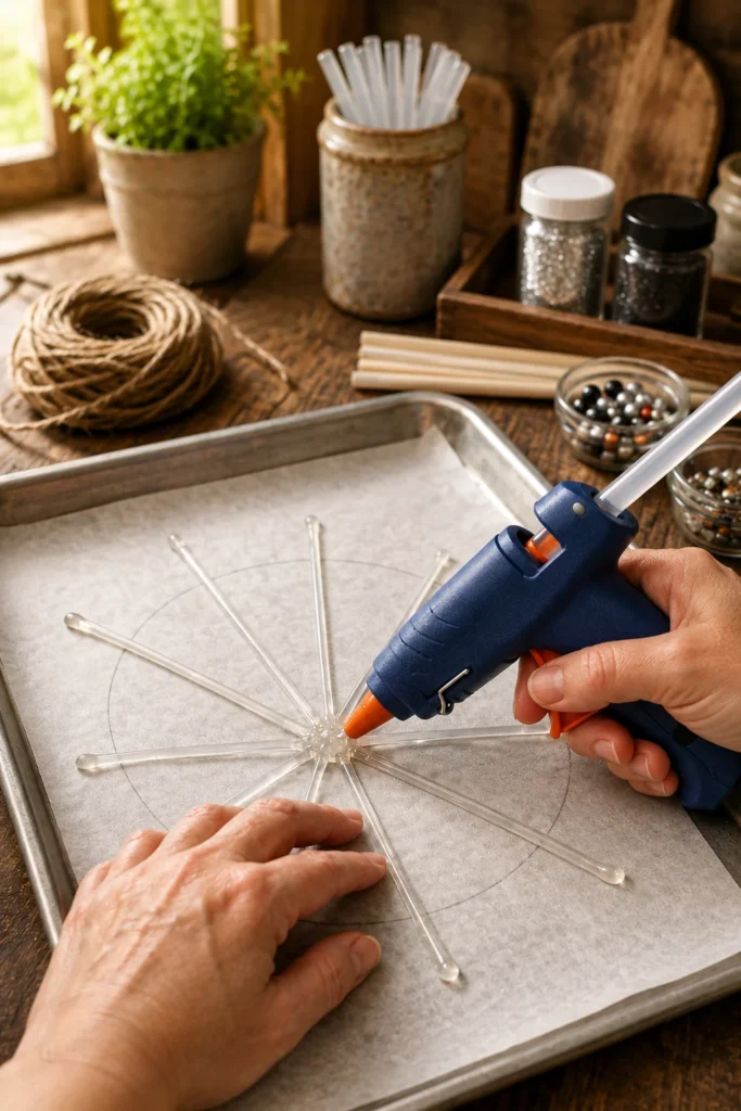 hot glue spiderweb on parchment paper
