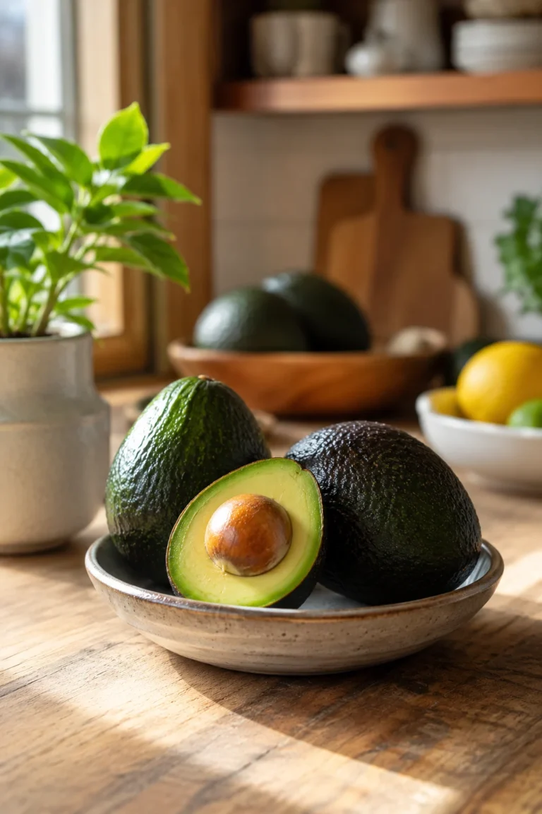 Whole ripe and unripe avocados stored on a kitchen counter beside a cut avocado
