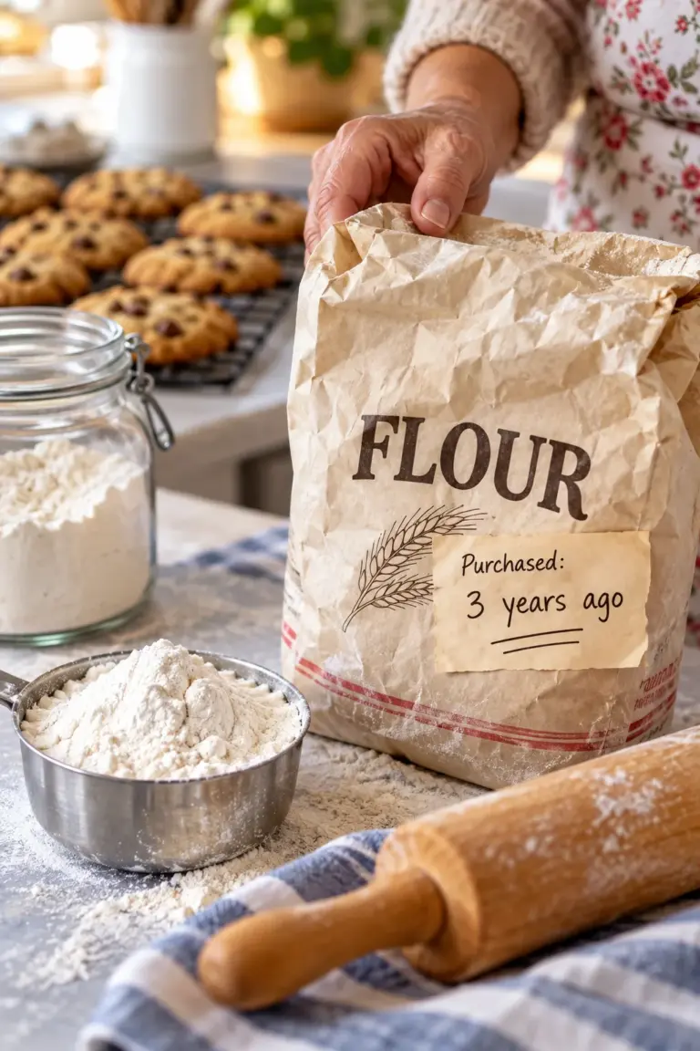 Older woman holding a three-year-old bag of flour in a cozy kitchen with cookies, a flour jar, measuring cup, and rolling pin.
