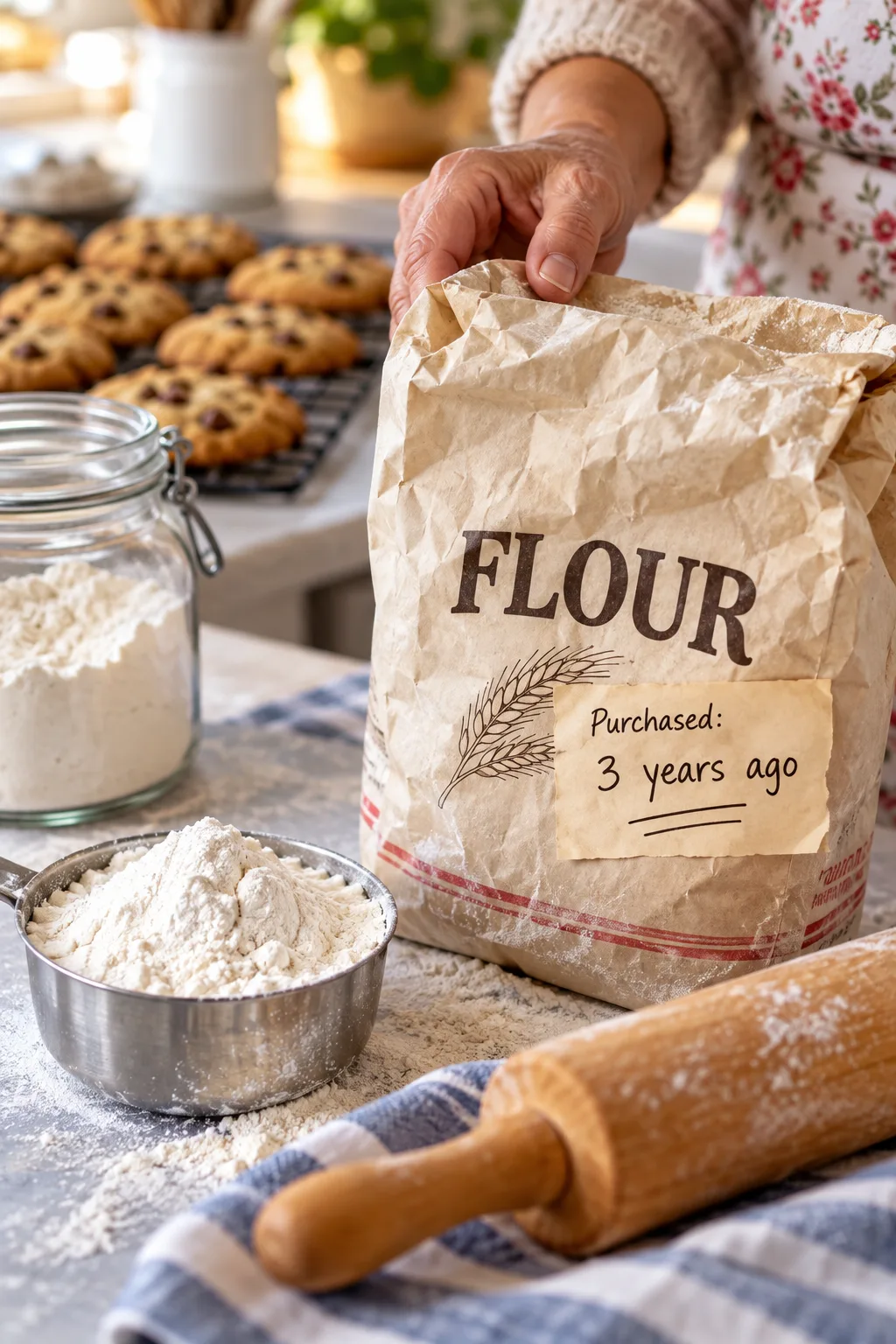 Older woman holding a three-year-old bag of flour in a cozy kitchen with cookies, a flour jar, measuring cup, and rolling pin.