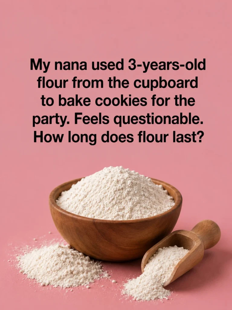 Bag of all-purpose flour on a kitchen counter with measuring cup and baking ingredients
