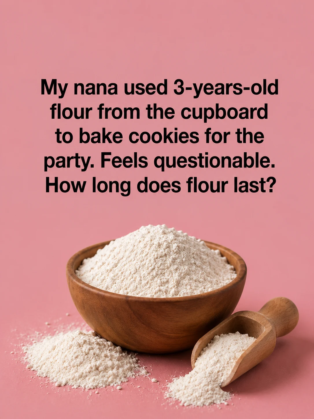 Bag of all-purpose flour on a kitchen counter with measuring cup and baking ingredients