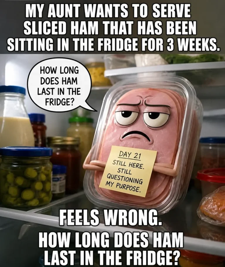 Sliced ham stored in an airtight container inside a refrigerator