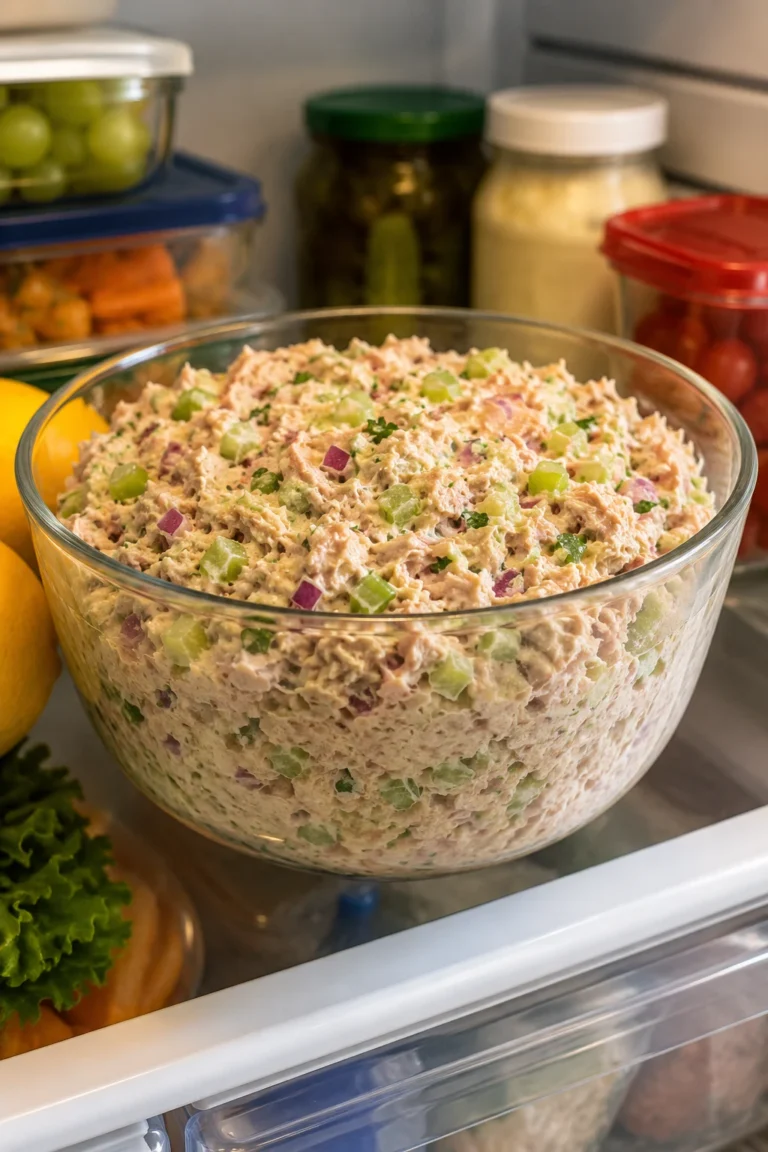 Homemade tuna salad in a covered glass container inside a refrigerator