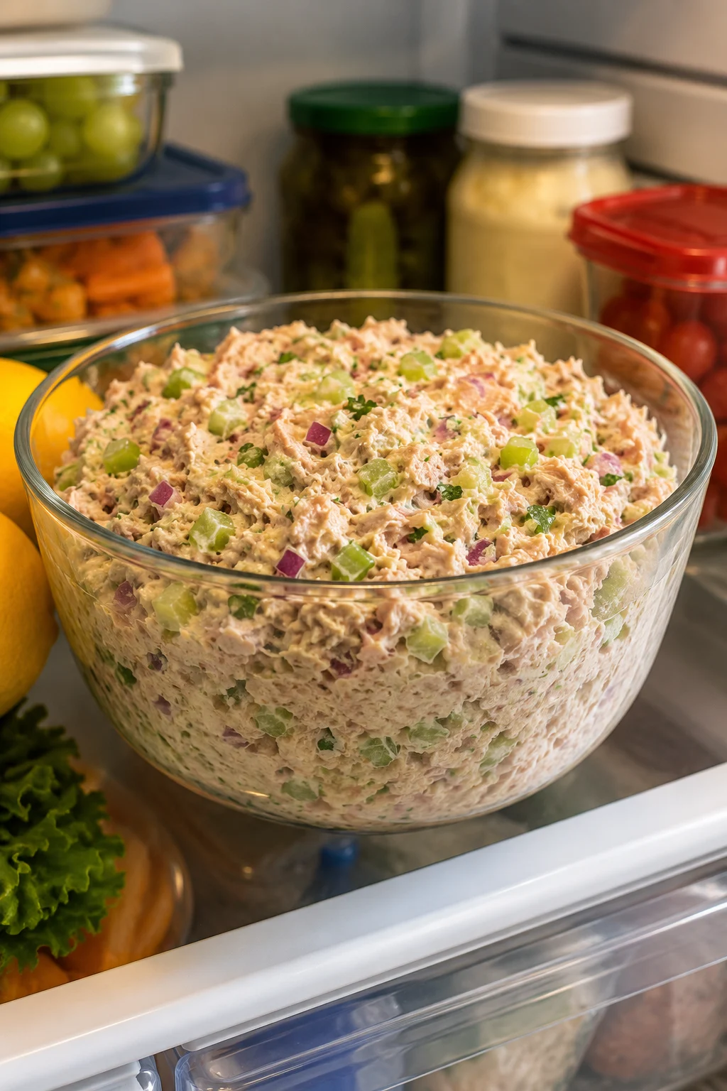 Homemade tuna salad in a covered glass container inside a refrigerator