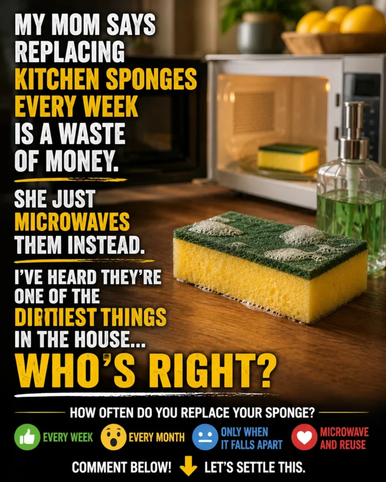 Kitchen sponge beside a sink with a microwave in the background